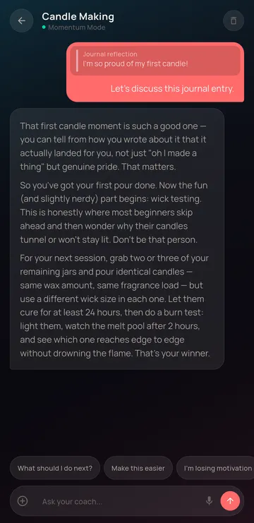 Coach chat celebrating a journal entry that reads: I’m so proud of my first candle
